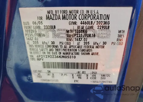 2006 Mazda Tribute I из США, поврежденный, VIN 4F2YZ92Z36KM05310